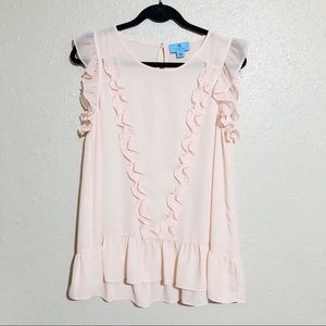 CeCe Pink Sheer Ruffle Trim Tank Blouse